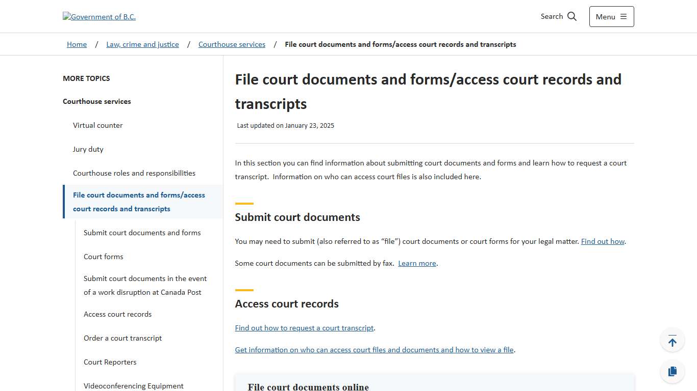 File court documents and forms/access court records and transcripts - Province of British Columbia