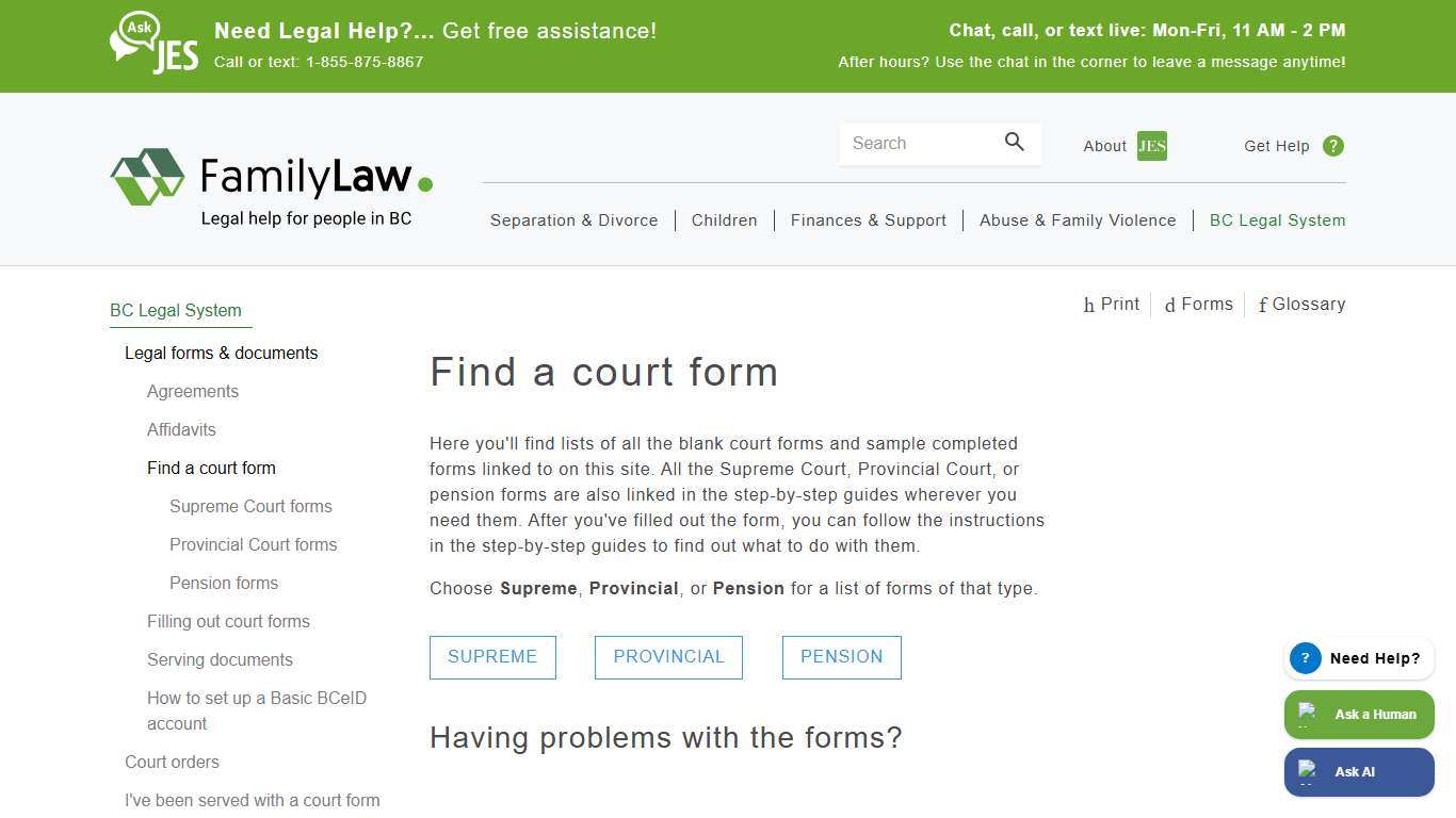 Find a court form Family Law in BC