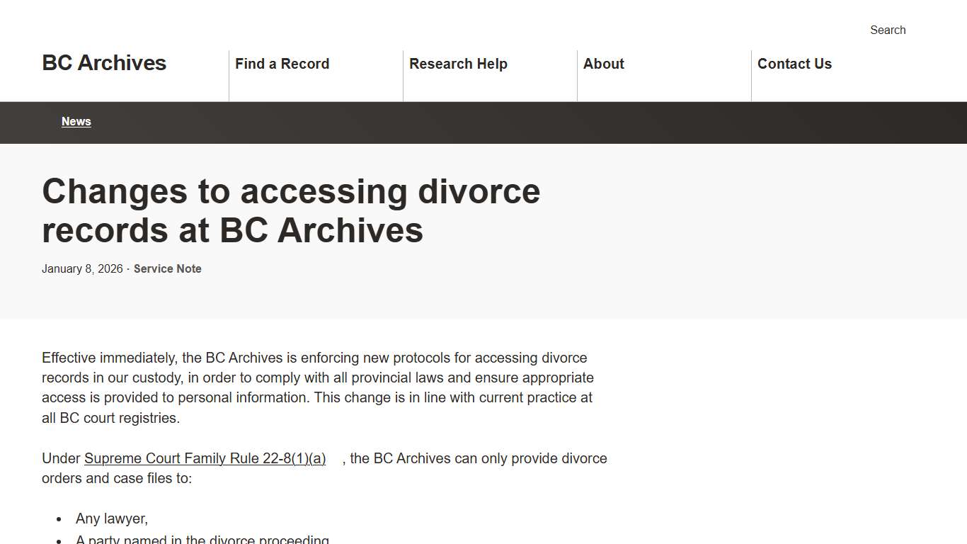 Changes to accessing divorce records at BC Archives BC Archives