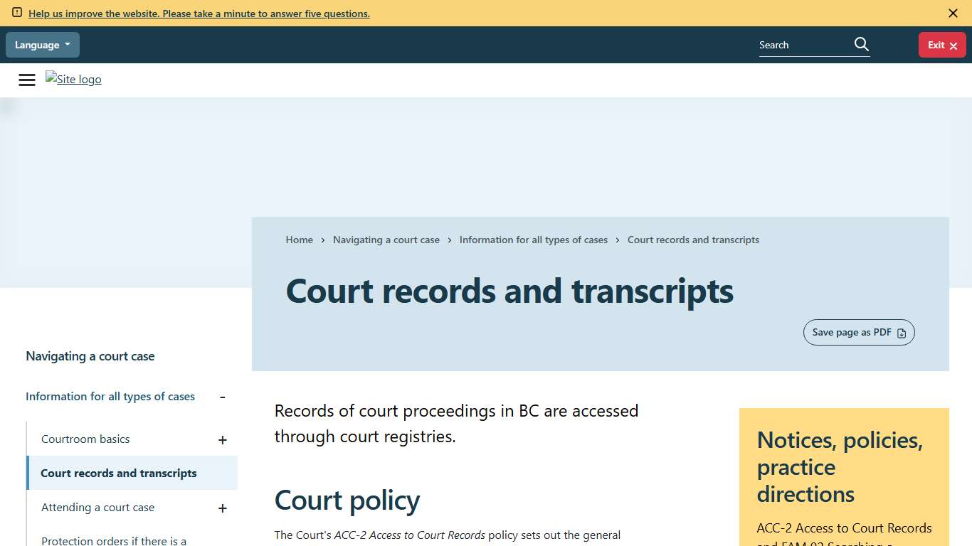 Court records and transcripts Provincial Court of British Columbia